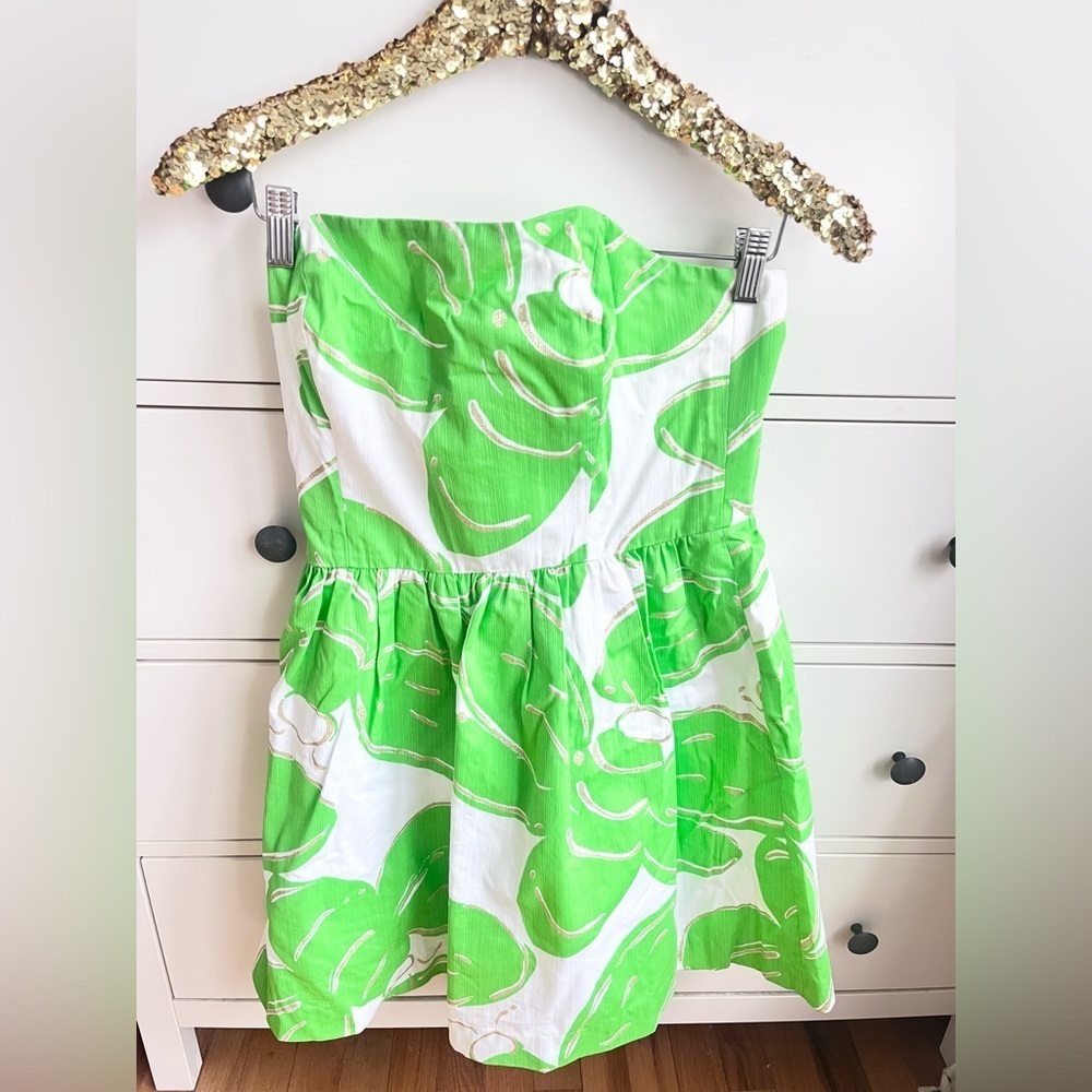 Lilly Pulitzer Lottie Stinger Print Strapless Dress Green, White and Gold Sz 8 - Picture 2 of 10